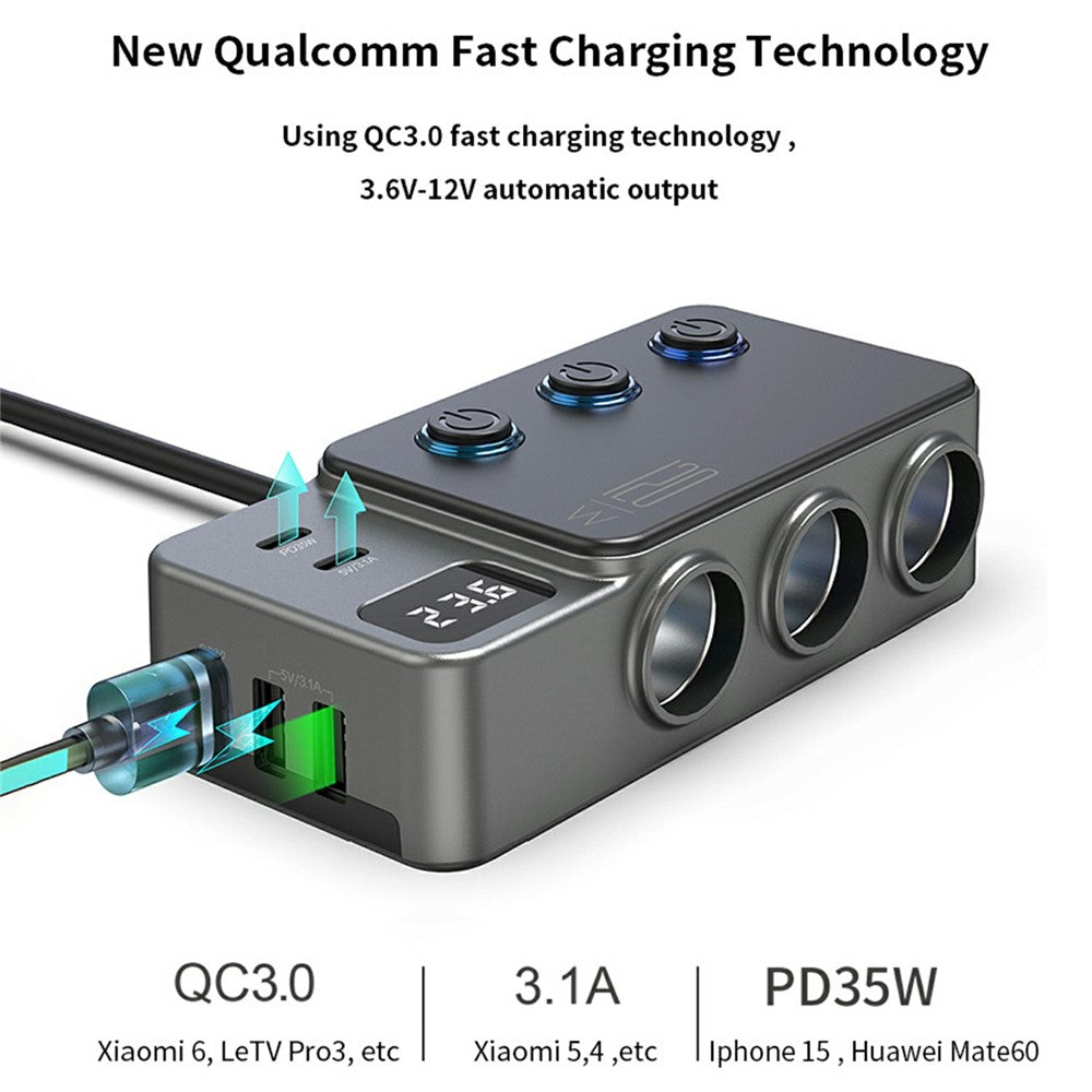 High-Power Car Charger with Voltage Display – 3 Cigarette Lighter Sockets, 120W
