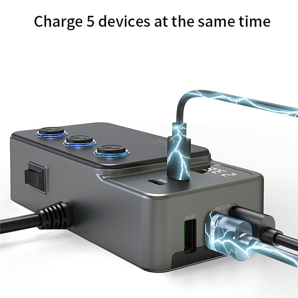 High-Power Car Charger with Voltage Display – 3 Cigarette Lighter Sockets, 120W