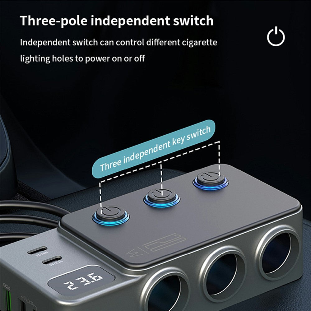 High-Power Car Charger with Voltage Display – 3 Cigarette Lighter Sockets, 120W