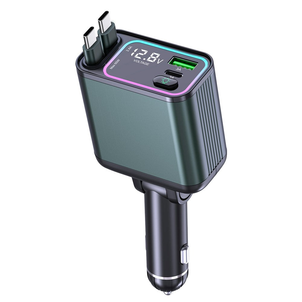 Car Charger with Ambient Light & Voltage Display – Dual Type-C Retractable Cables, 65W+25W