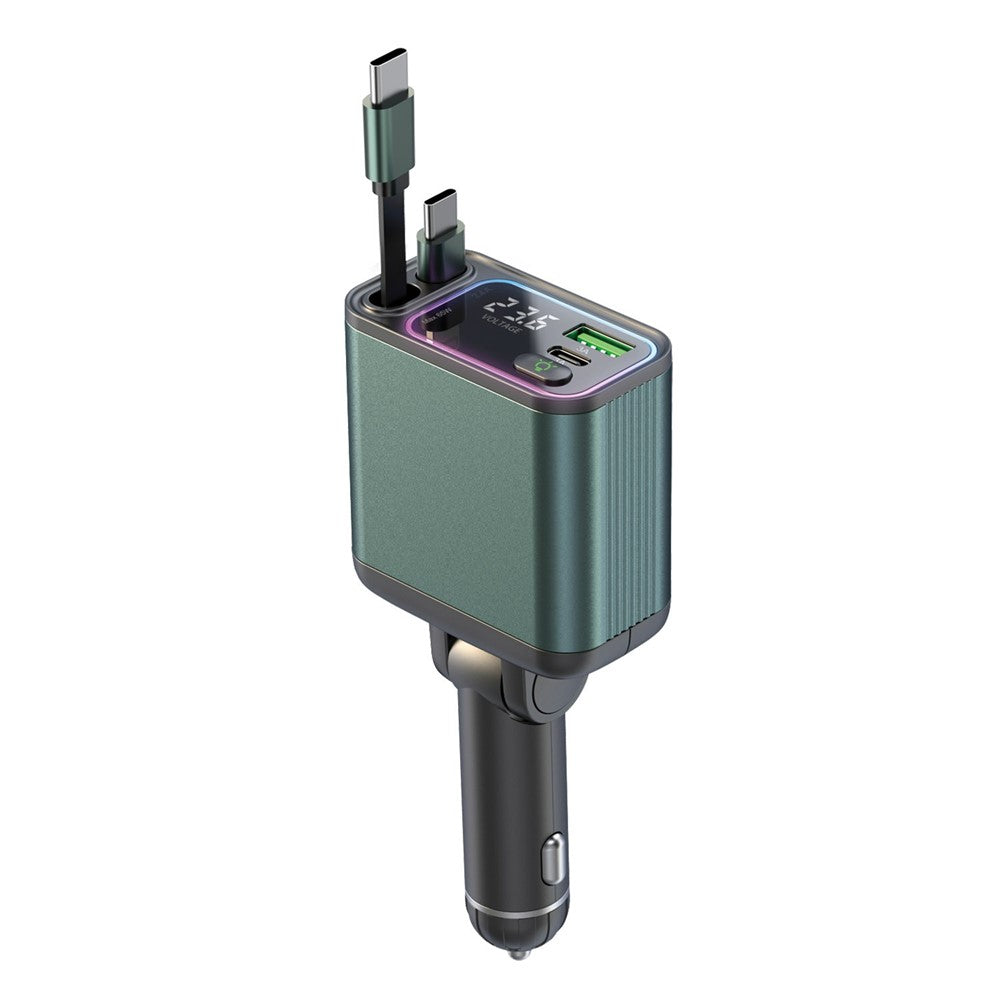 Car Charger with Ambient Light & Voltage Display – Dual Type-C Retractable Cables, 65W+25W