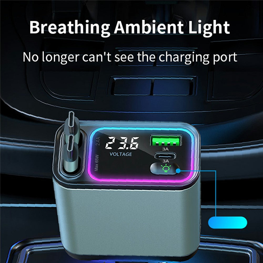 Car Charger with Ambient Light & Voltage Display – Dual Type-C Retractable Cables, 65W+25W