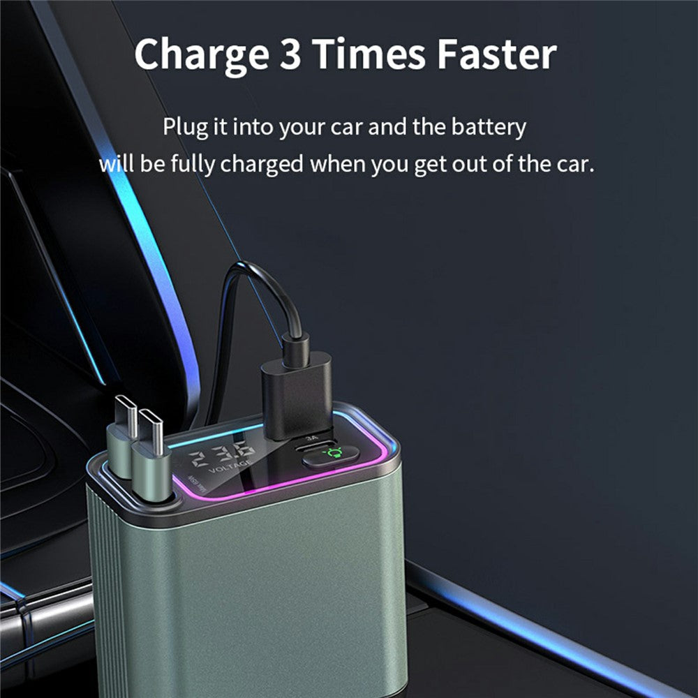 Car Charger with Ambient Light & Voltage Display – Dual Type-C Retractable Cables, 65W+25W