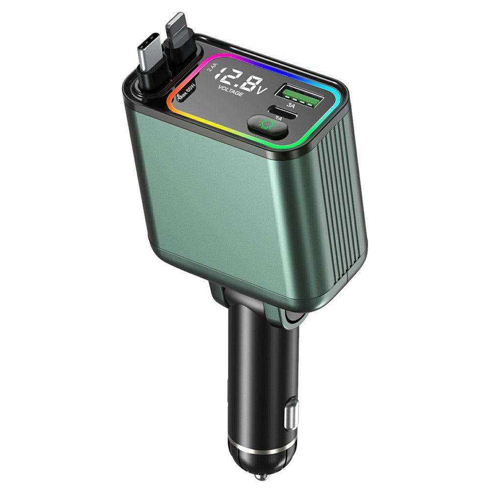 Car Charger with Ambient Light & Voltage Display – Dual Retractable Type-C & 8-Pin Cables