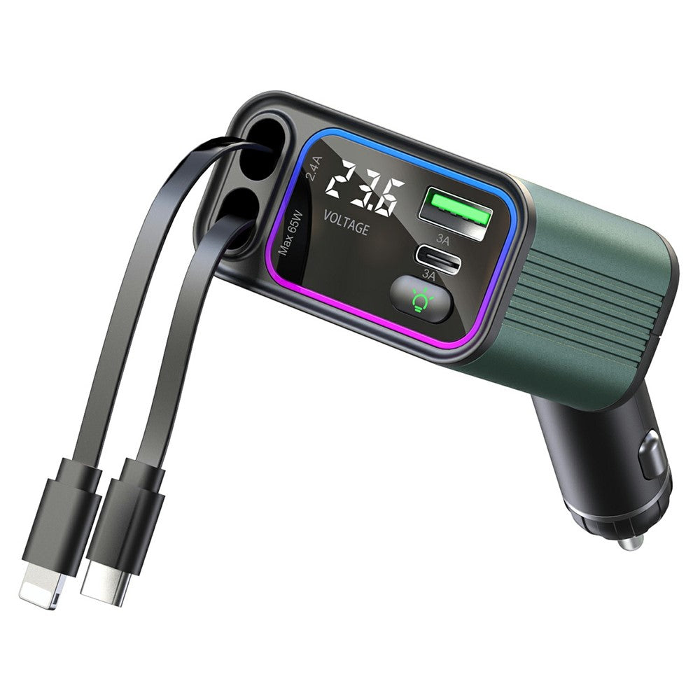 Car Charger with Ambient Light & Voltage Display – Dual Retractable Type-C & 8-Pin Cables