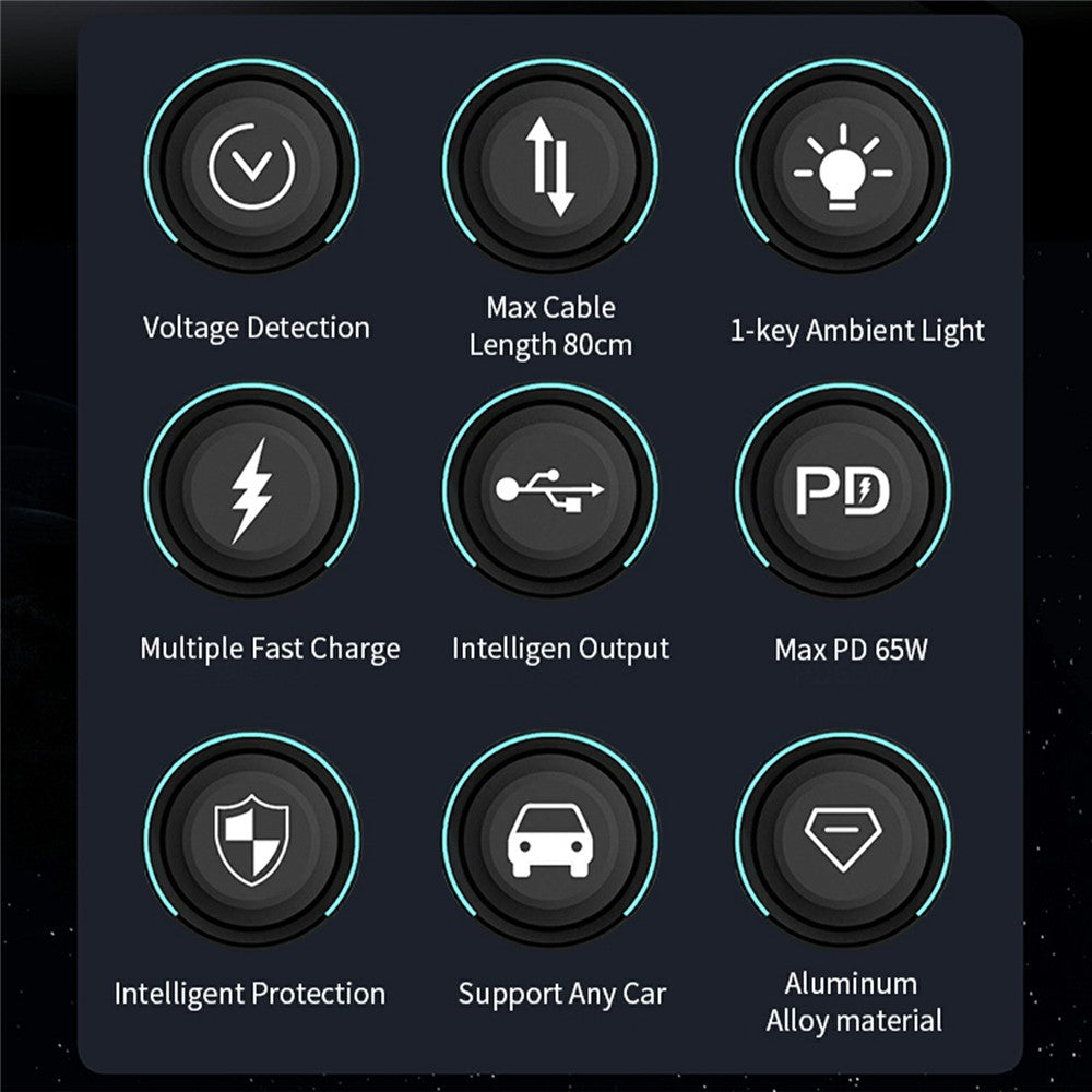 Car Charger with Ambient Light & Voltage Display – Dual Retractable Type-C & 8-Pin Cables