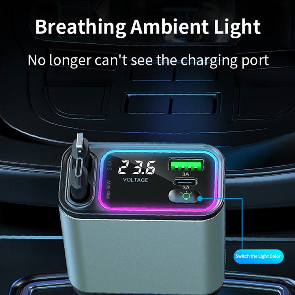 Car Charger with Ambient Light & Voltage Display – Dual Retractable Type-C & 8-Pin Cables