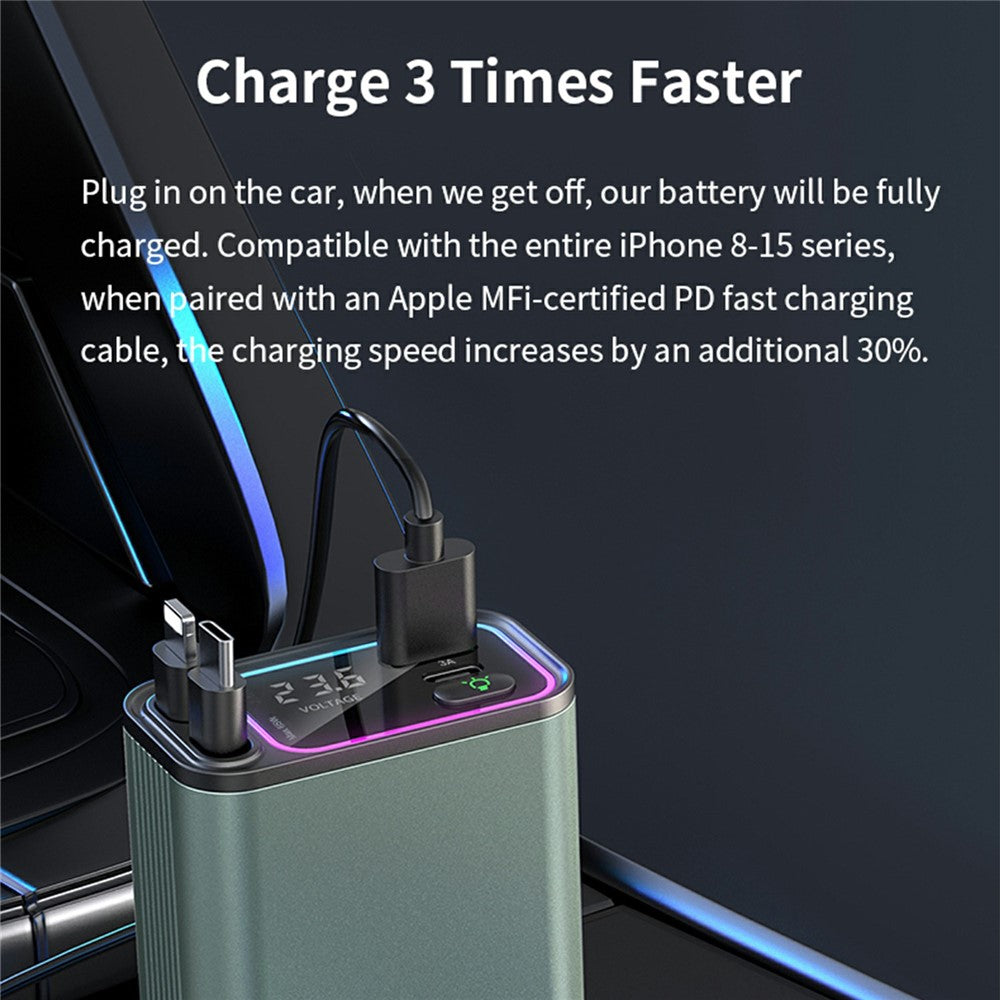 Car Charger with Ambient Light & Voltage Display – Dual Retractable Type-C & 8-Pin Cables