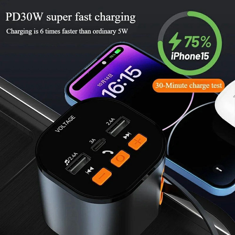 Car Charger with FM Transmitter & Voltage Display – Dual Fast Charging Cables