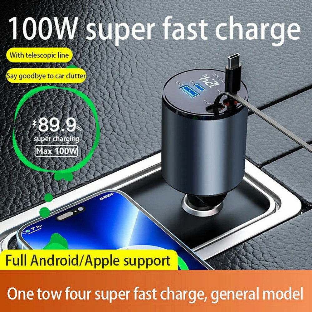 Car Charger with Digital Display – 100W Fast Charging, iP & Type-C Retractable Cables