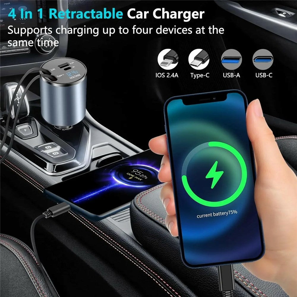 Car Charger with Digital Display – 100W Fast Charging, iP & Type-C Retractable Cables