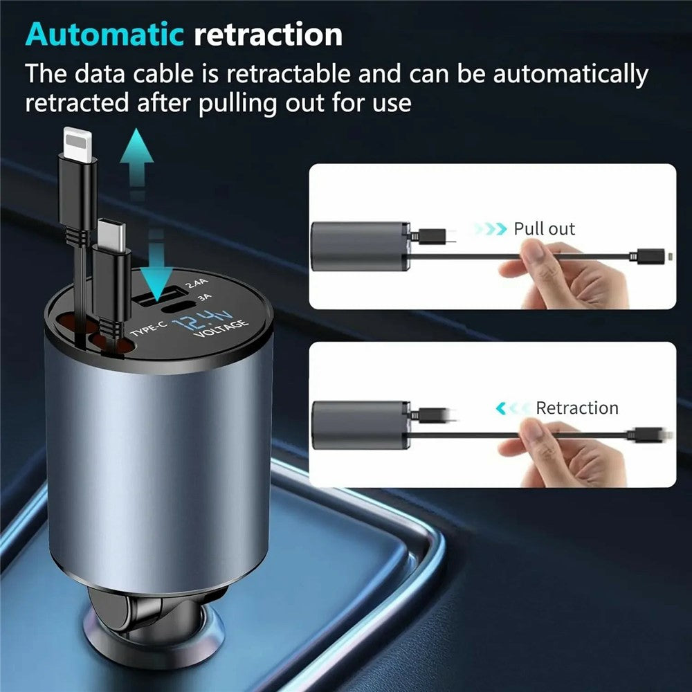 Car Charger with Digital Display – 100W Fast Charging, iP & Type-C Retractable Cables