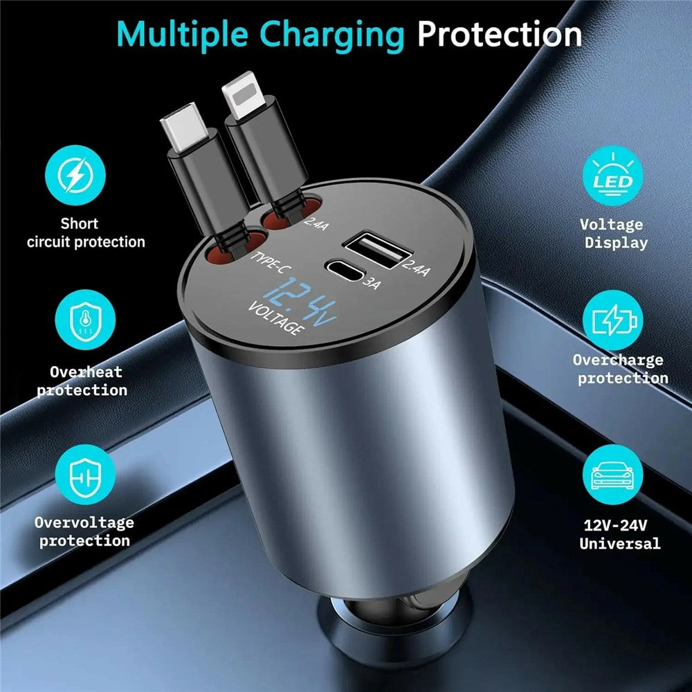 Car Charger with Digital Display – 100W Fast Charging, iP & Type-C Retractable Cables