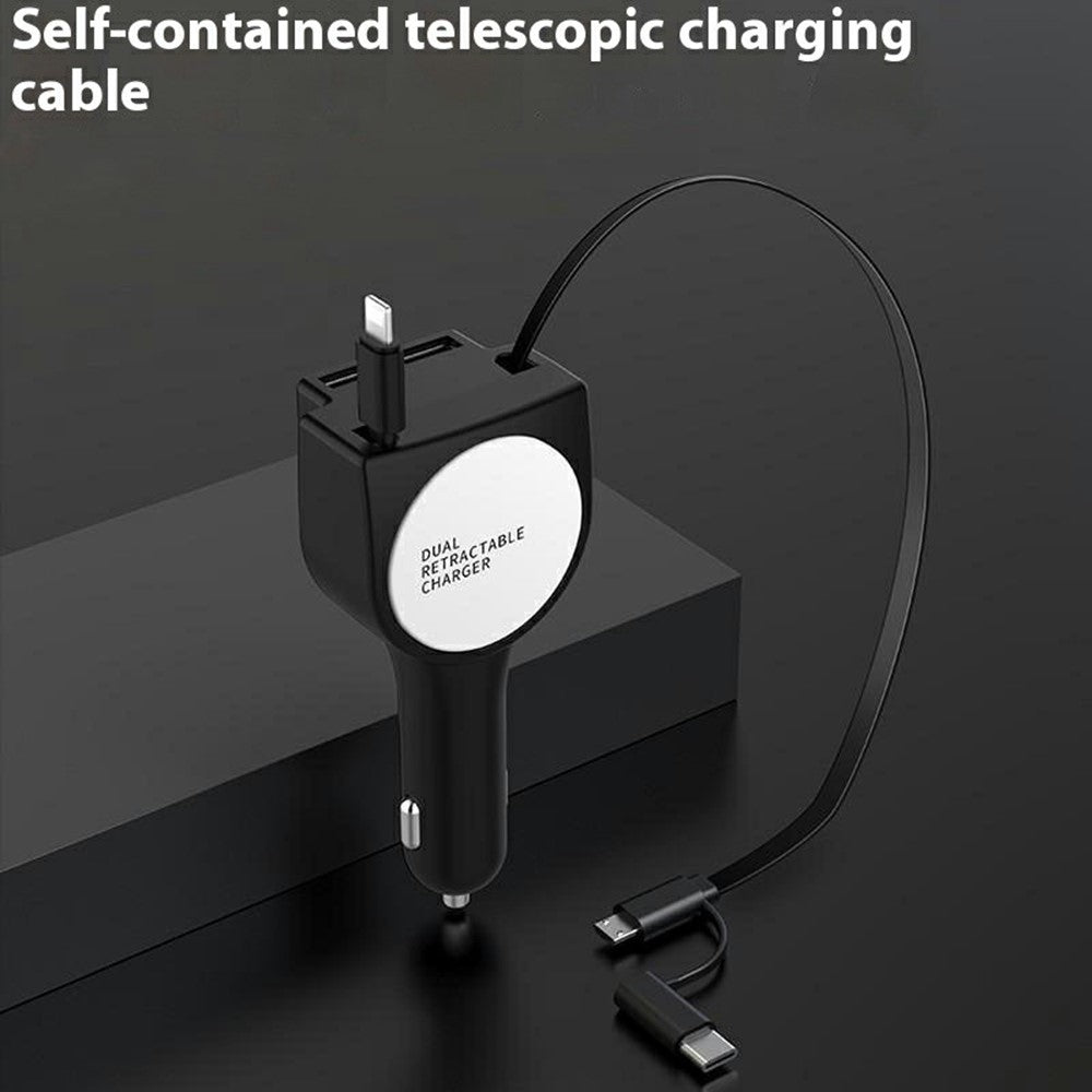 Multi-Function Car Charger – 3-in-1 Retractable Cable for iP, Android & Type-C