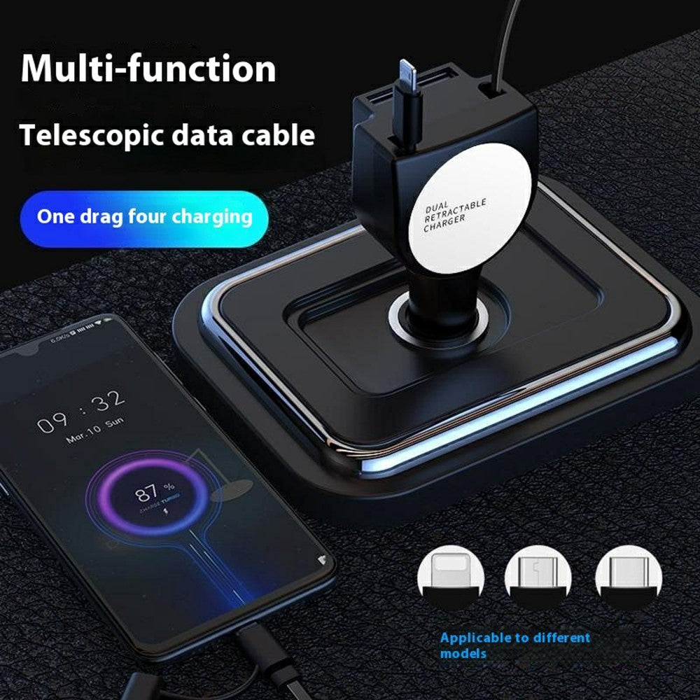 Multi-Function Car Charger – 3-in-1 Retractable Cable for iP, Android & Type-C