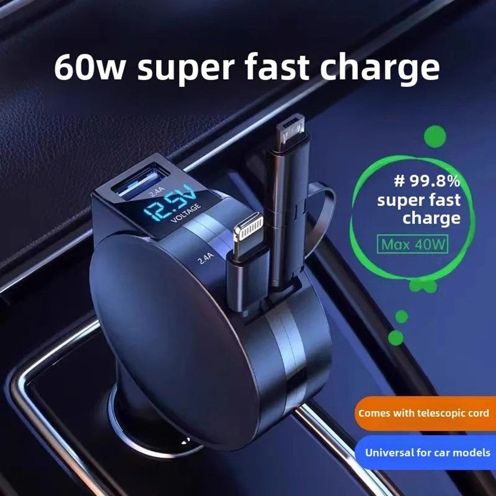 60W High-Power Car Charger – LED Display, Multi-Protection Safety Chip