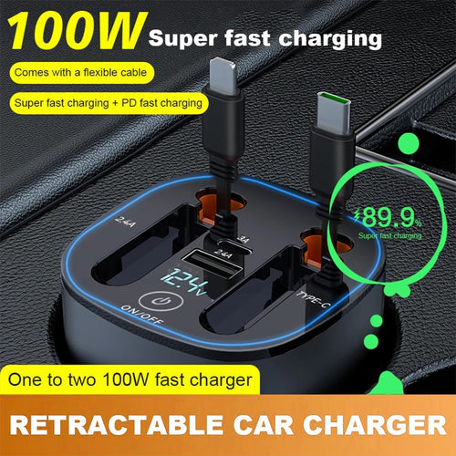 100W PD Car Charger with Voltage Display & Air Freshener Pack – Retractable Cables
