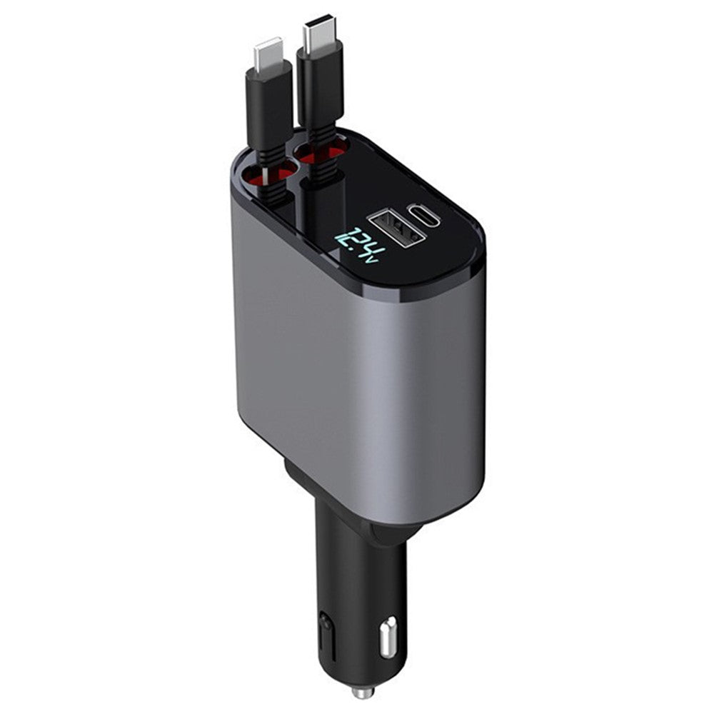 LED Display Car Charger – 4-Device Fast Charging with Retractable Cables