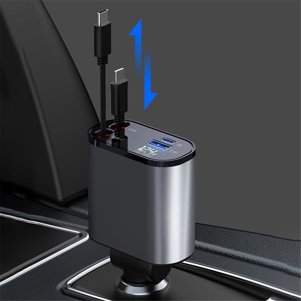 LED Display Car Charger – 4-Device Fast Charging with Retractable Cables