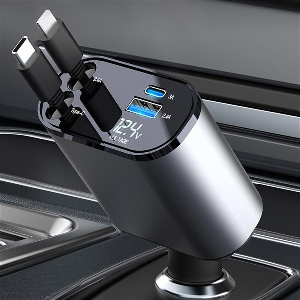 LED Display Car Charger – 4-Device Fast Charging with Retractable Cables