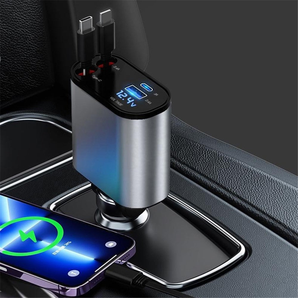 LED Display Car Charger – 4-Device Fast Charging with Retractable Cables