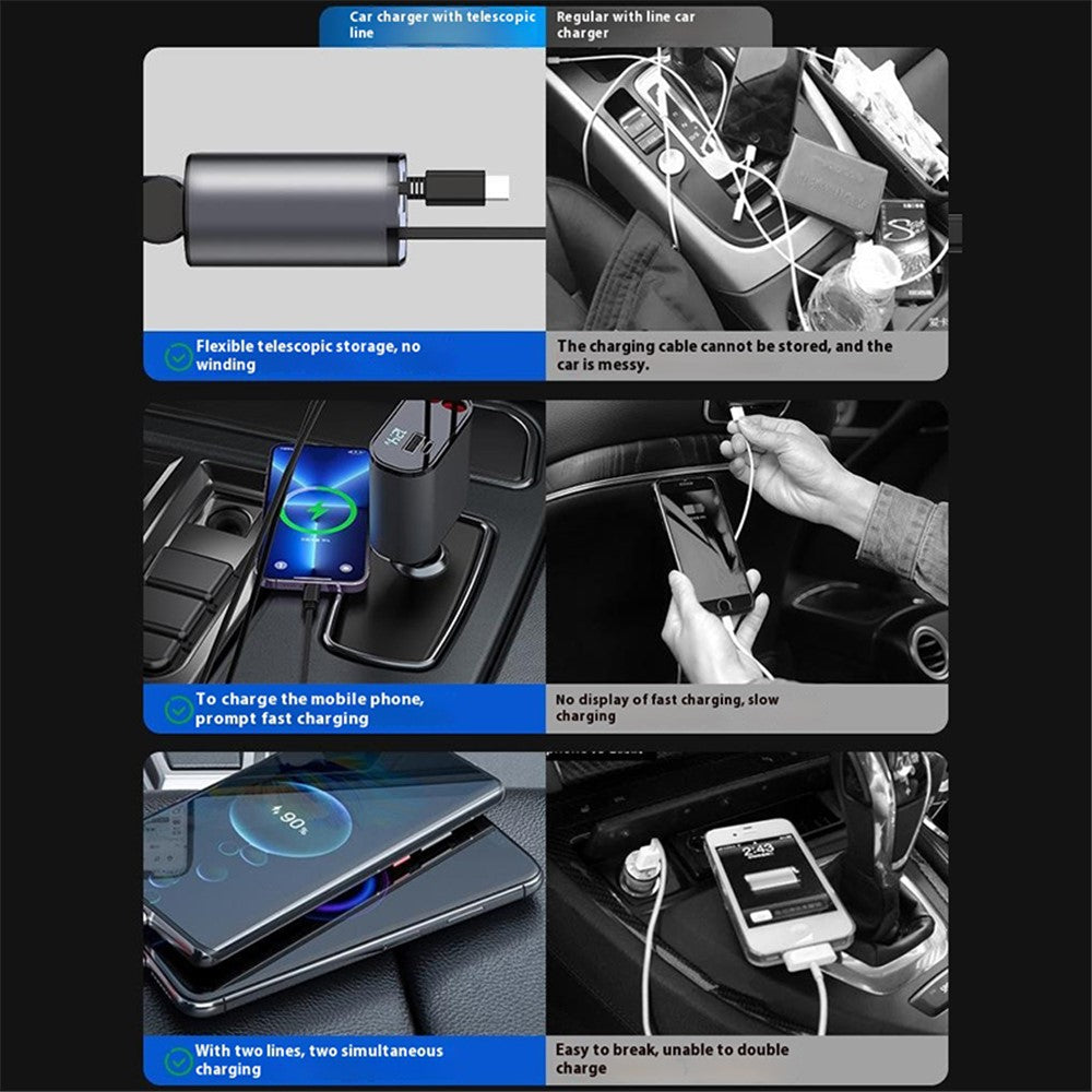 LED Display Car Charger – 4-Device Fast Charging with Retractable Cables
