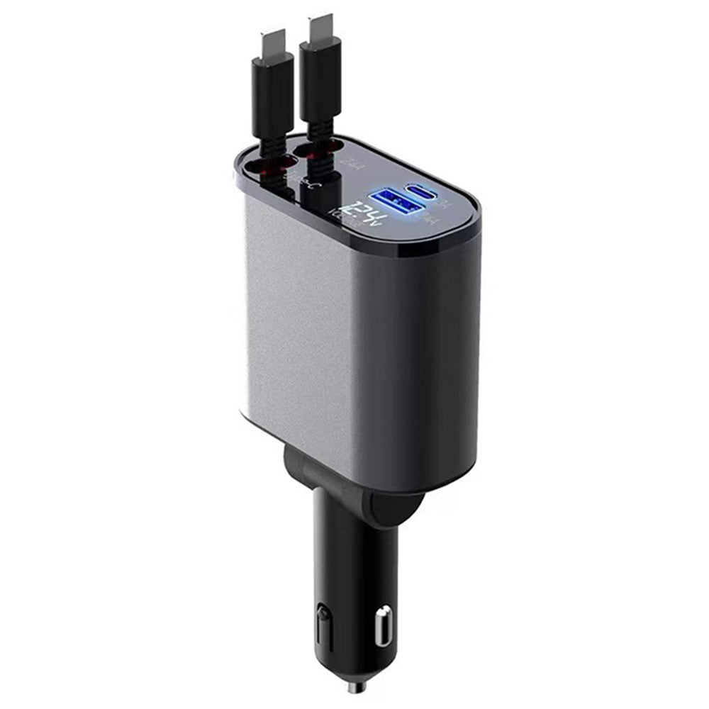 Quad-Port Car Charger with LED Display – Dual iP Retractable Cables
