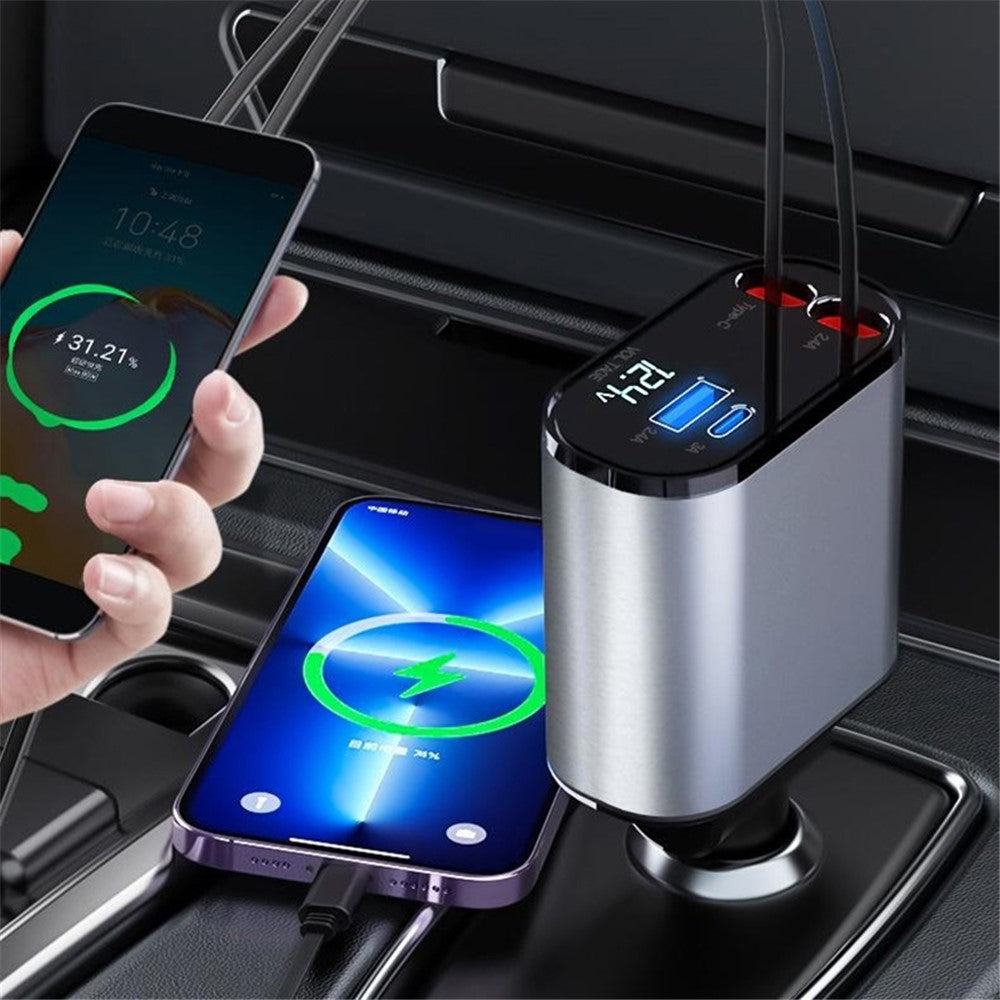 Quad-Port Car Charger with LED Display – Dual iP Retractable Cables