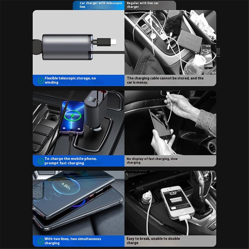 Dual USB-C Car Charger with LED Display – 66W Fast Charging, Retractable Cable