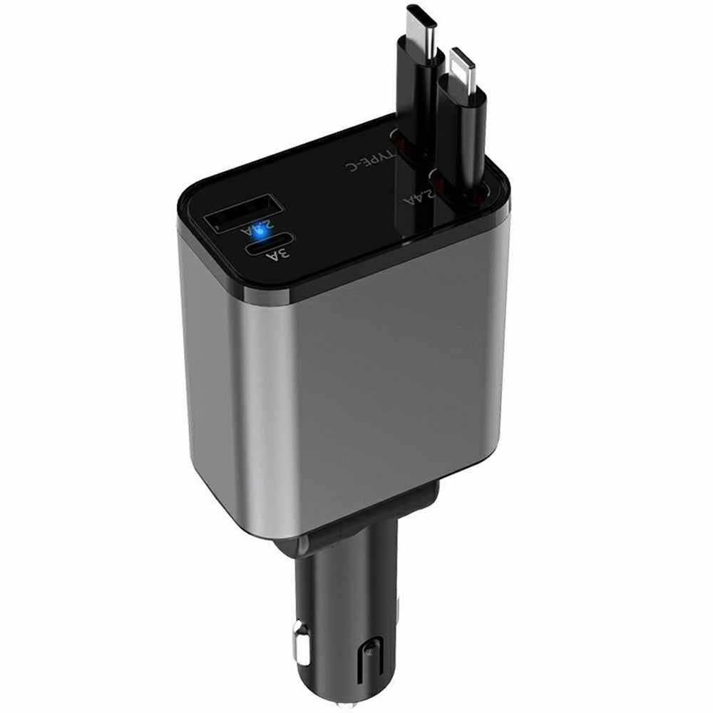 Car Charger with Retractable Type-C & iP Cable – 52W Fast Charging for Phones & Tablets