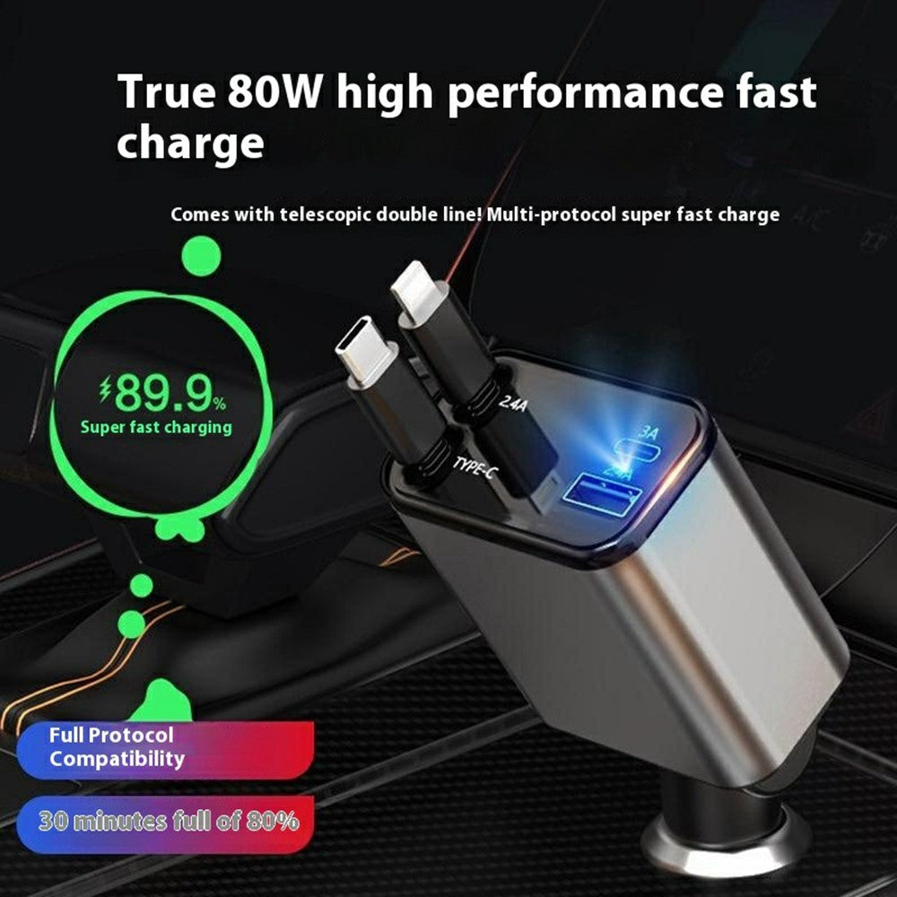Car Charger with Retractable Type-C & iP Cable – 52W Fast Charging for Phones & Tablets