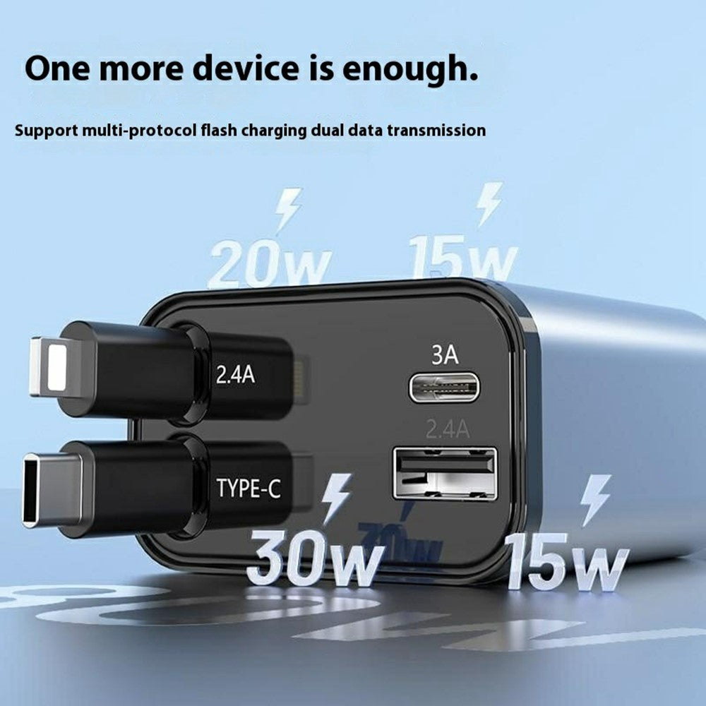 Car Charger with Retractable Type-C & iP Cable – 52W Fast Charging for Phones & Tablets