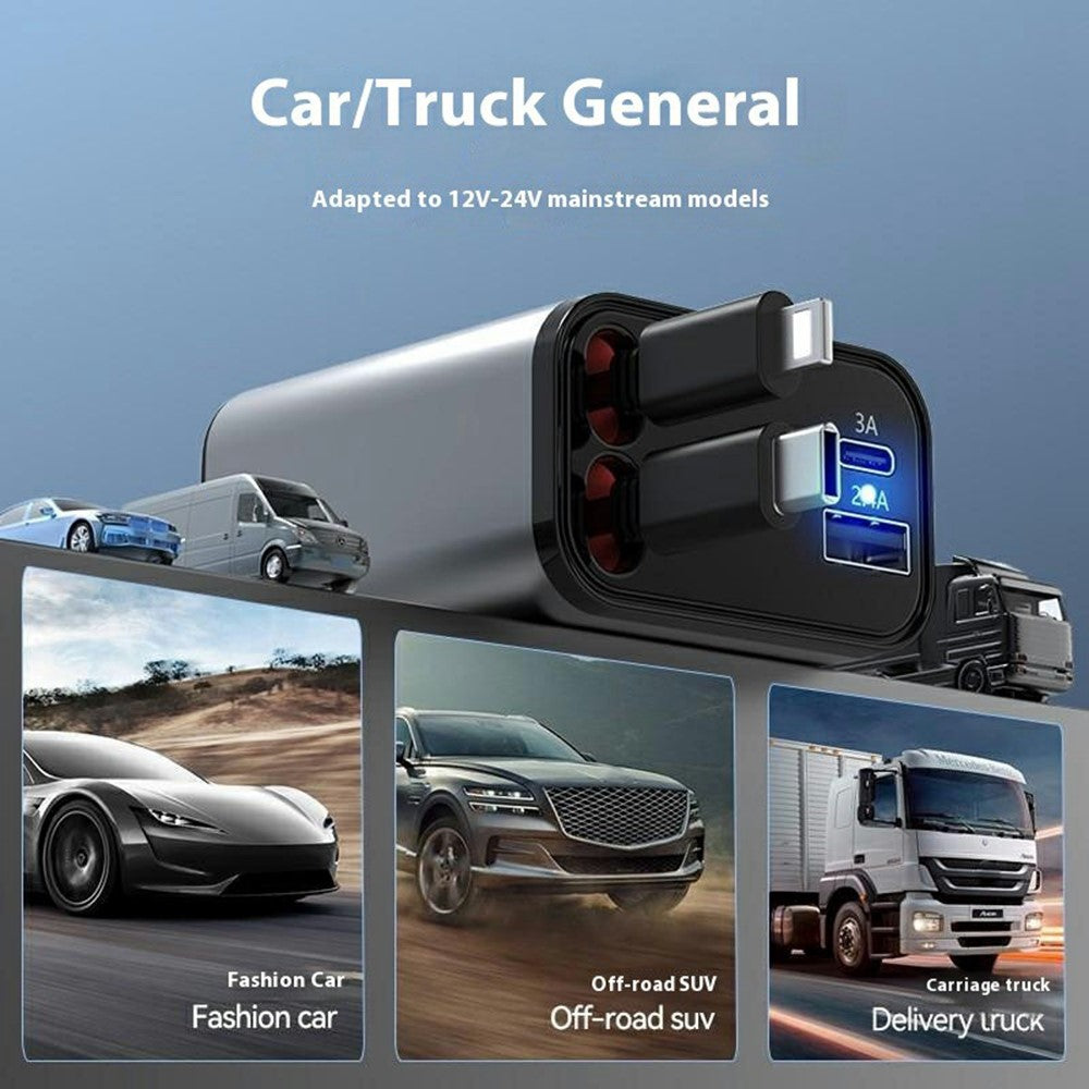 Car Charger with Retractable Type-C & iP Cable – 52W Fast Charging for Phones & Tablets