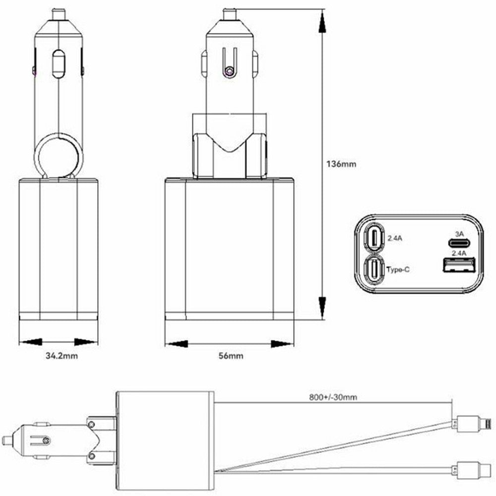 Car Charger with Retractable Type-C & iP Cable – 52W Fast Charging for Phones & Tablets