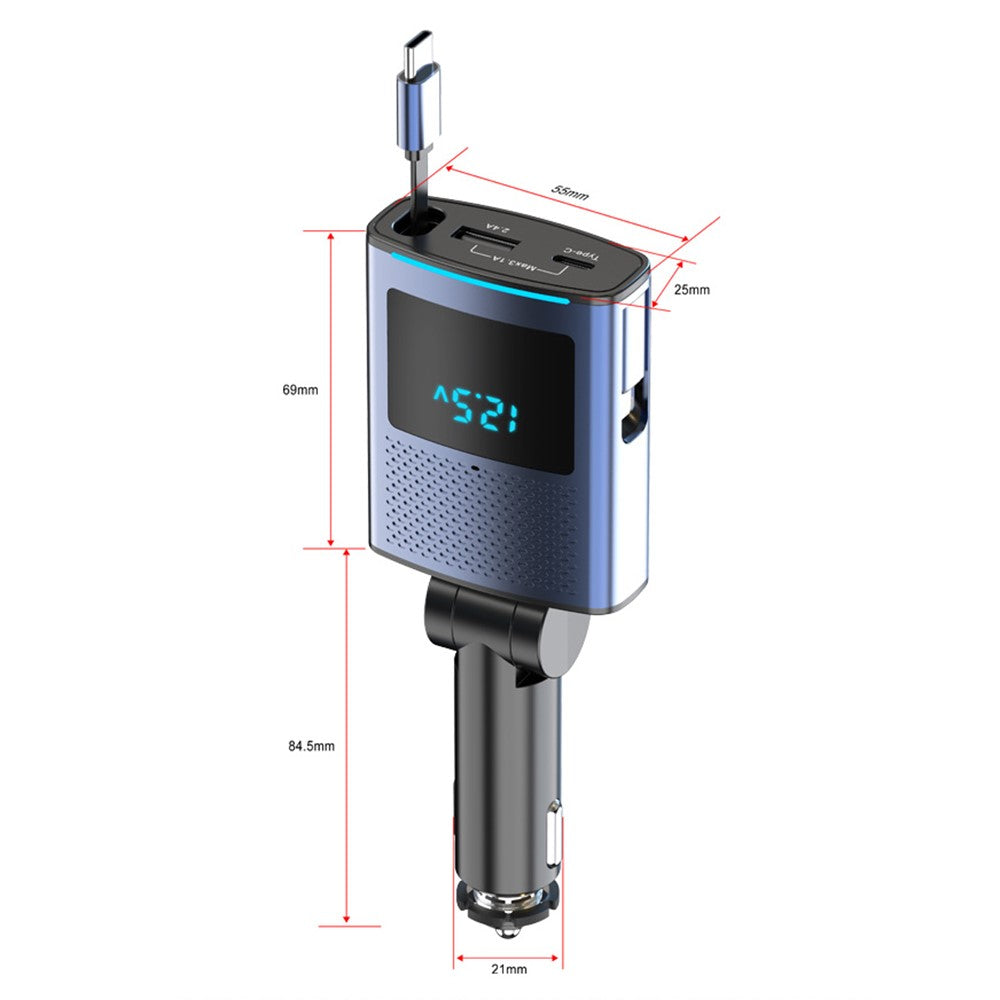 65W Car Charger with 1m Retractable Type-C Cable – PD Fast Charging