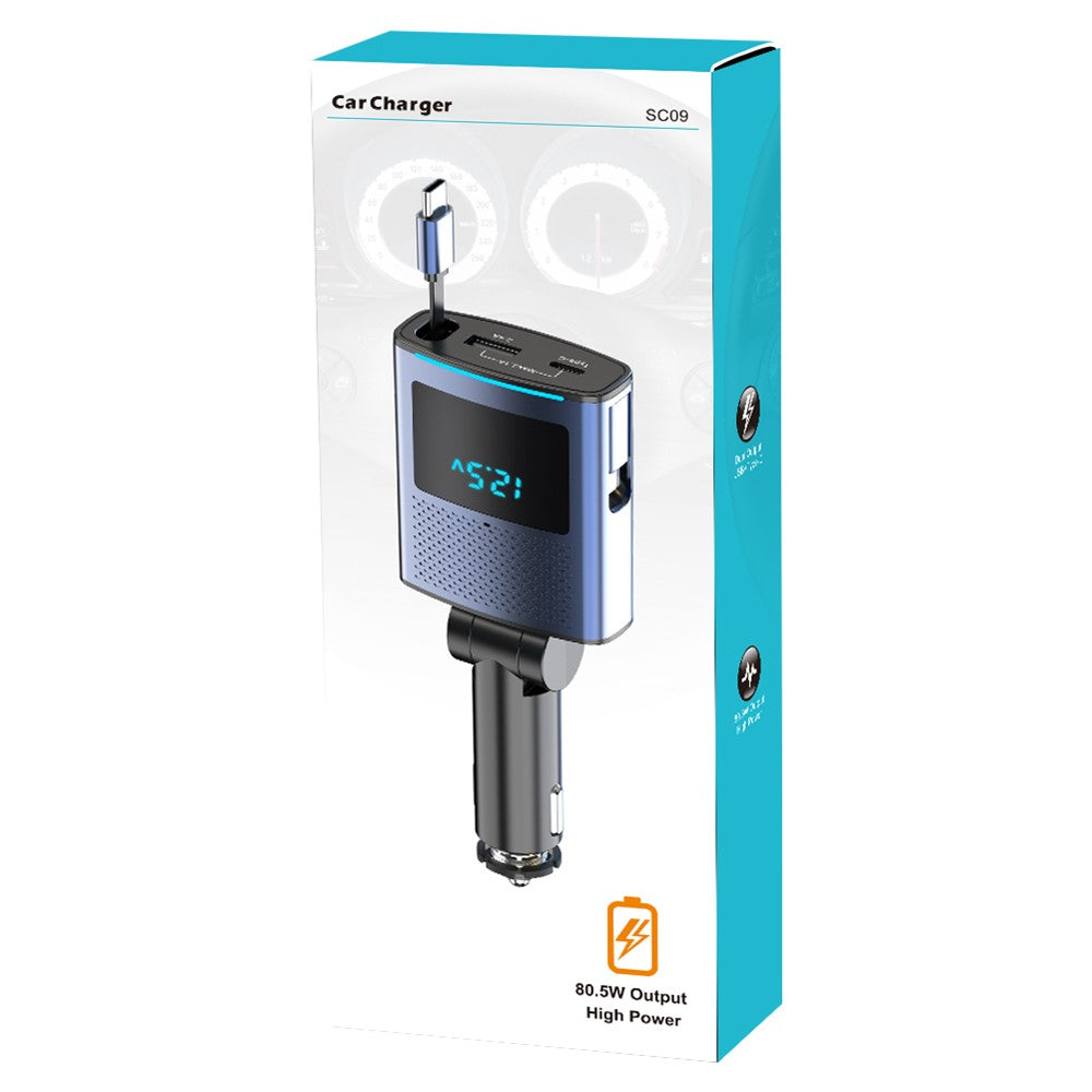 65W Car Charger with 1m Retractable Type-C Cable – PD Fast Charging