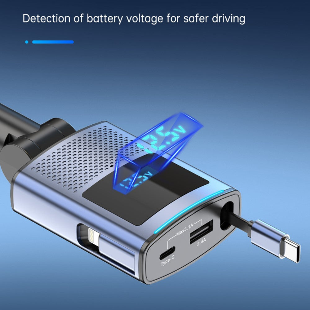 65W Car Charger with 1m Retractable Type-C Cable – PD Fast Charging