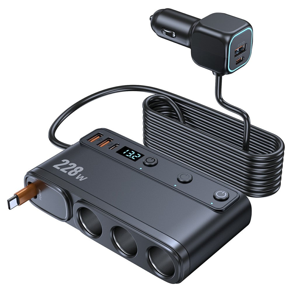 228W 3-in-1 Cigarette Lighter Car Charger with Voltage Display