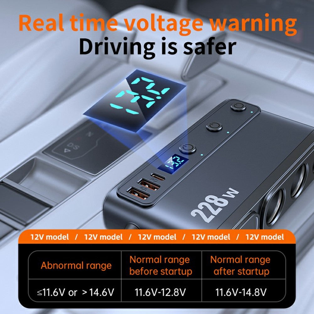 228W 3-in-1 Cigarette Lighter Car Charger with Voltage Display