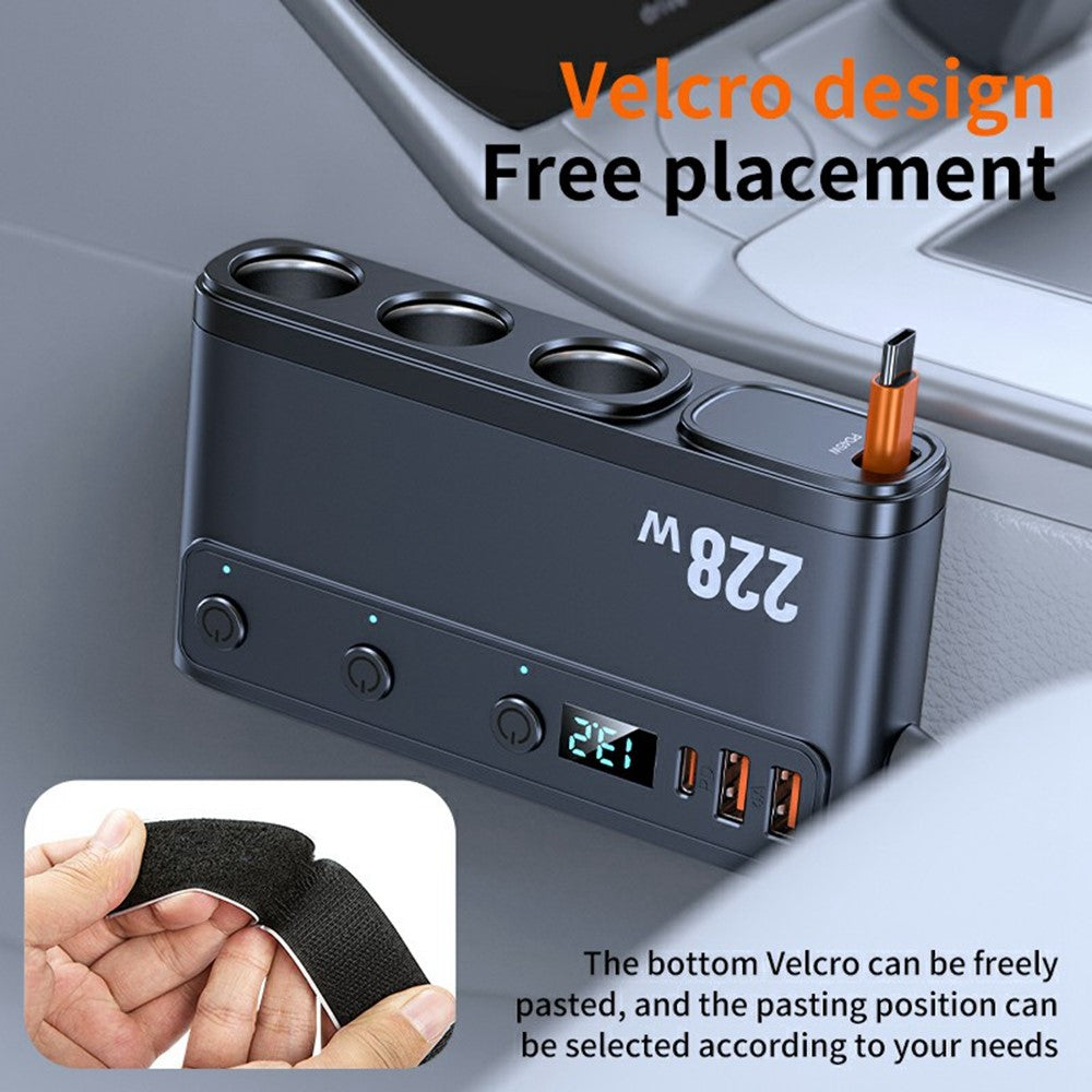 228W 3-in-1 Cigarette Lighter Car Charger with Voltage Display