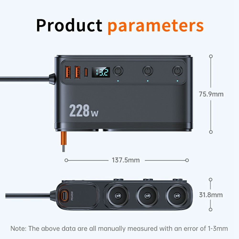 228W 3-in-1 Cigarette Lighter Car Charger with Voltage Display