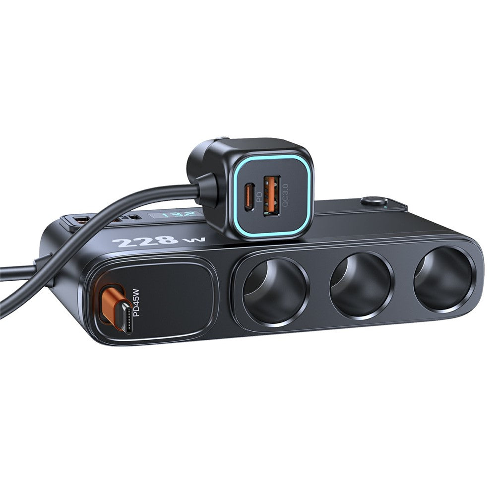 228W 3-in-1 Cigarette Lighter Car Charger with Voltage Display