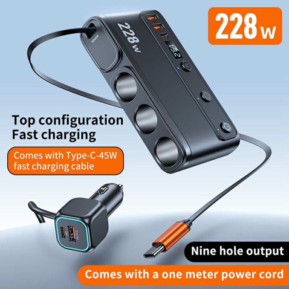228W 3-in-1 Cigarette Lighter Car Charger with Voltage Display