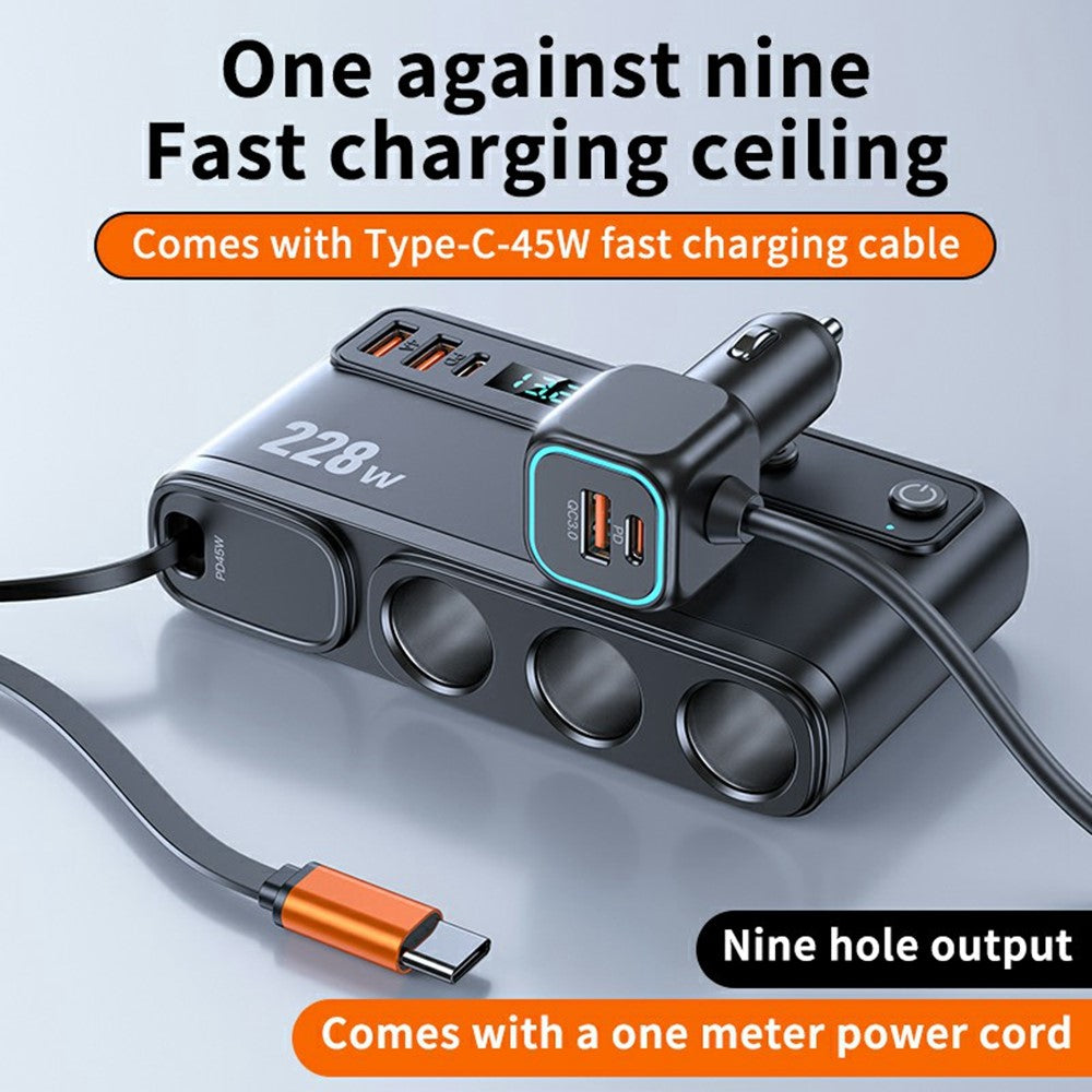 228W 3-in-1 Cigarette Lighter Car Charger with Voltage Display