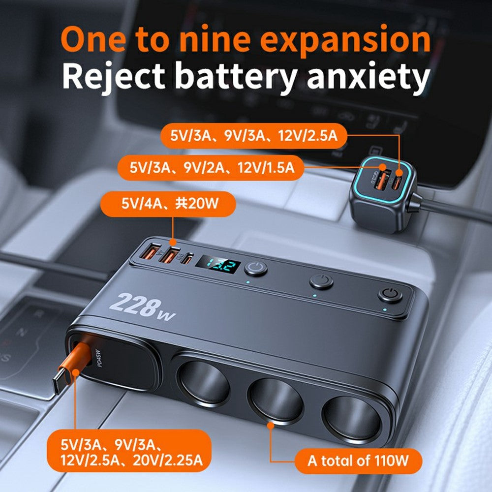 228W 3-in-1 Cigarette Lighter Car Charger with Voltage Display