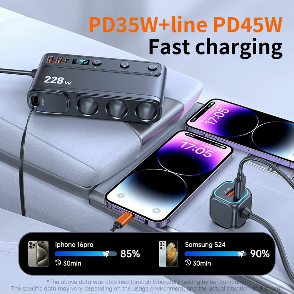 228W 3-in-1 Cigarette Lighter Car Charger with Voltage Display