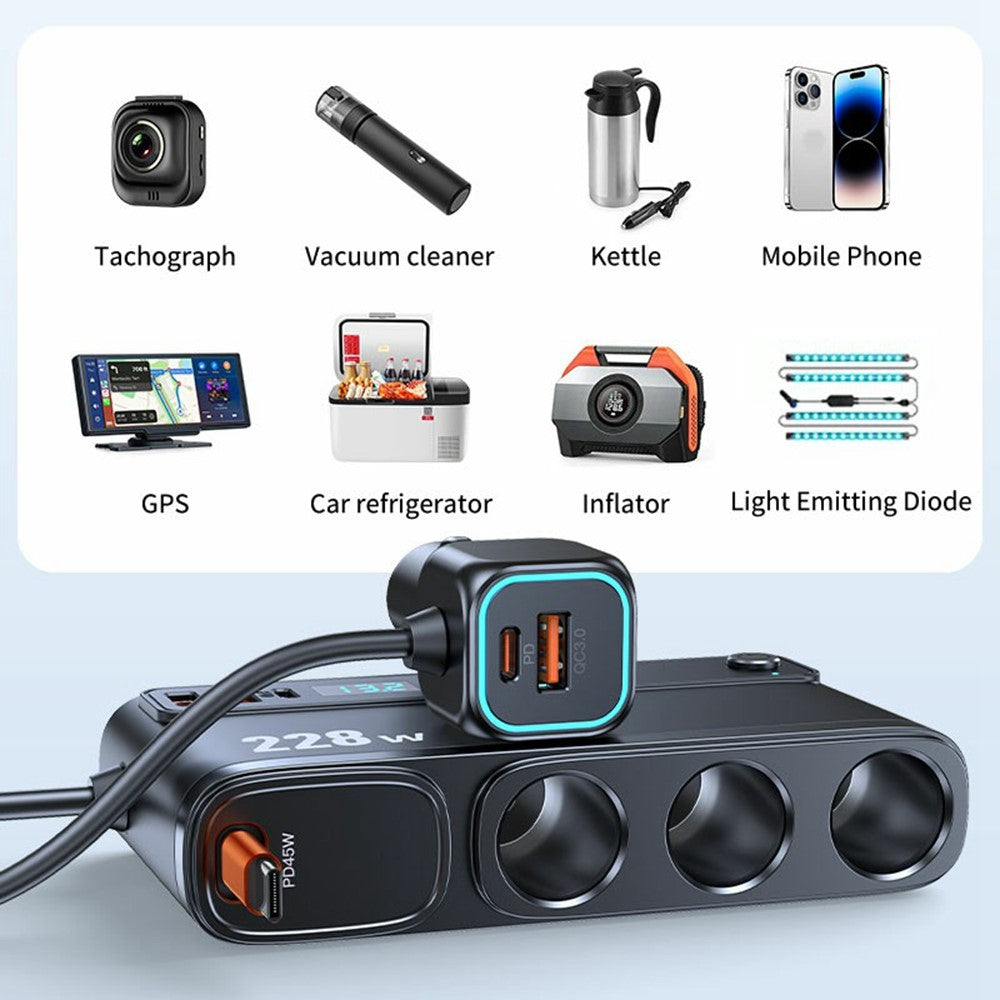 228W 3-in-1 Cigarette Lighter Car Charger with Voltage Display