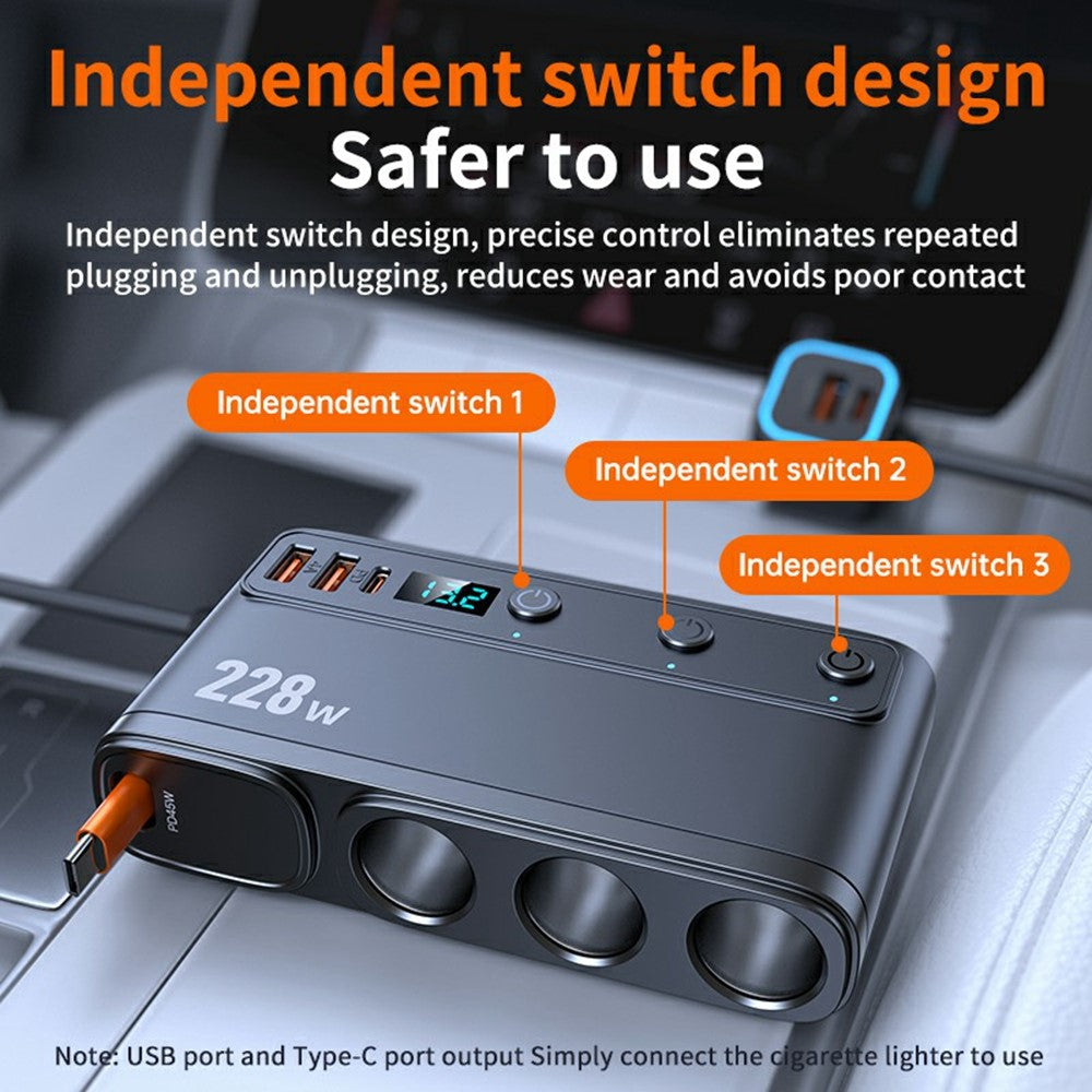 228W 3-in-1 Cigarette Lighter Car Charger with Voltage Display