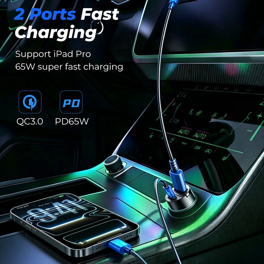 JOYROOM JR-CCN18 PD 65W Fast Charging Adapter USB-A + USB-C Dual Port Car Charger