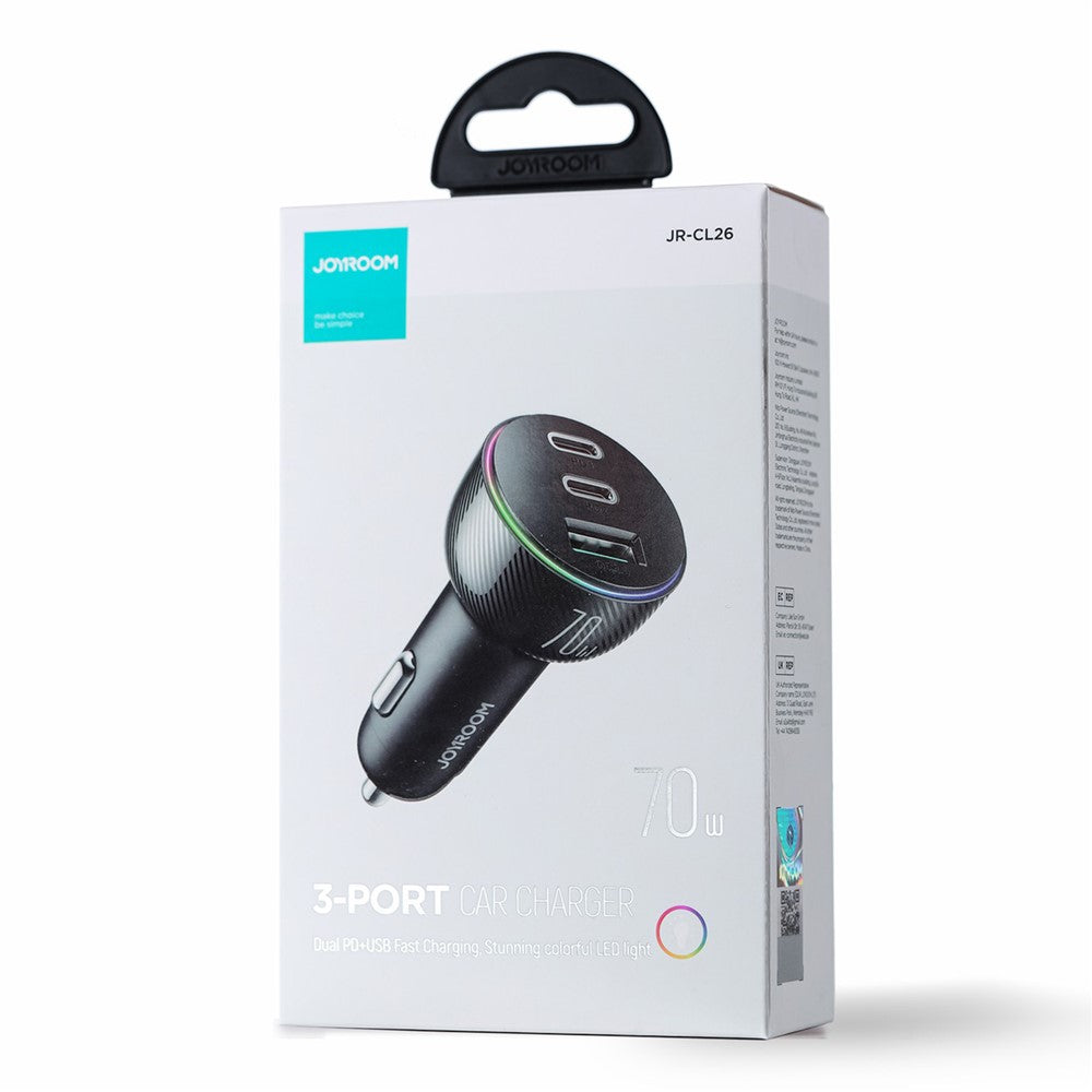 JOYROOM JR-CL26 3 Ports (2PD+1USB) Car Charger QC3.0+PD3.0 70W Fast Charging Phone Charger Adapter with Colorful LED Light